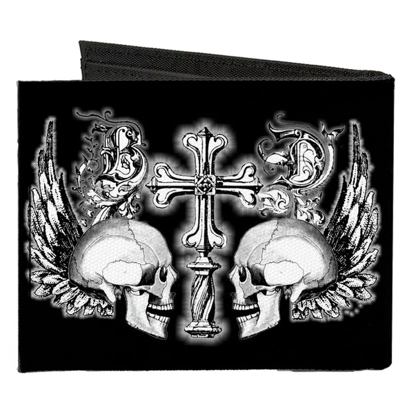 Buckle-Down Canvas Bi-Fold Wallet - BD Skulls W Wings Black White