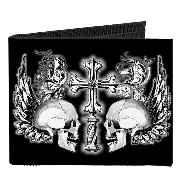 Buckle-Down Canvas Bi-Fold Wallet - BD Skulls w Wings Black White