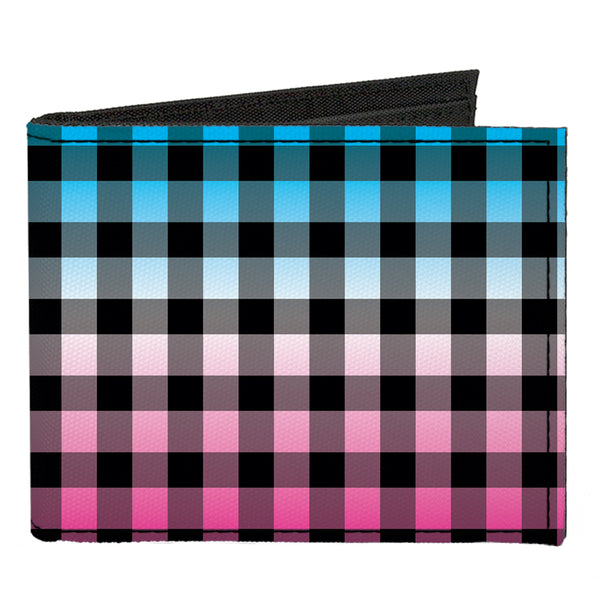 Buckle-Down Canvas Bi-Fold Wallet - Buffalo Plaid Turquoise Fuchsia Fade
