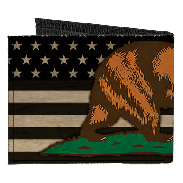 Buckle-Down Canvas Bi-Fold Wallet - Cali Bear Star US Flag Stretch Black White Red