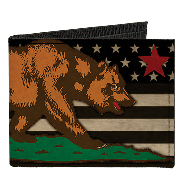 Buckle-Down Canvas Bi-Fold Wallet - Cali Bear Star US Flag Stretch Black White Red