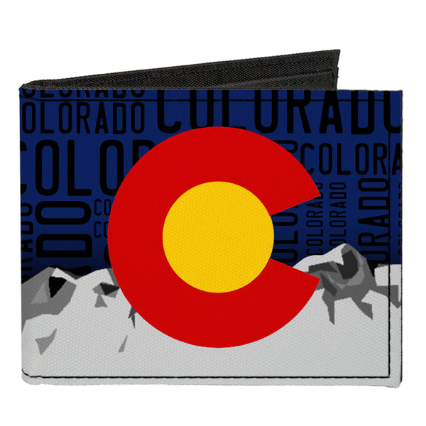Buckle-Down Canvas Bi-Fold Wallet - Colorado Logo Mountains Text Blue Black