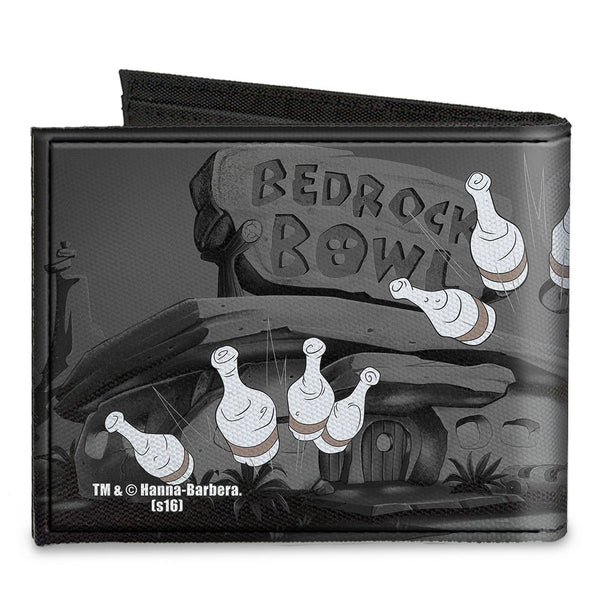 Buckle-Down Canvas Bi-Fold Wallet - Fred Bowling Pose + BEDROCK BOWL Bowling Pins Black Grays