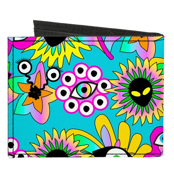 Buckle-Down Canvas Bi-Fold Wallet - Funky Alien Flowers Aqua Blue/Multi Color
