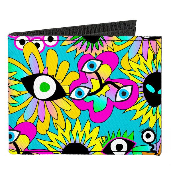 Buckle-Down Canvas Bi-Fold Wallet - Funky Alien Flowers Aqua Blue/Multi Color