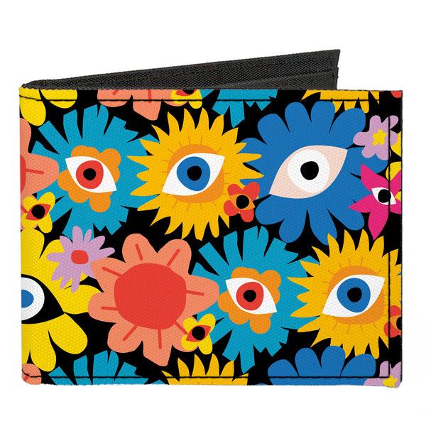 Buckle-Down Canvas Bi-Fold Wallet - Funky Eye Flowers Black/Multi Color