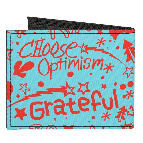Buckle-Down Canvas Bi-Fold Wallet - GRATEFUL OPTIMISM BE KIND Icons Collage Blue/Red