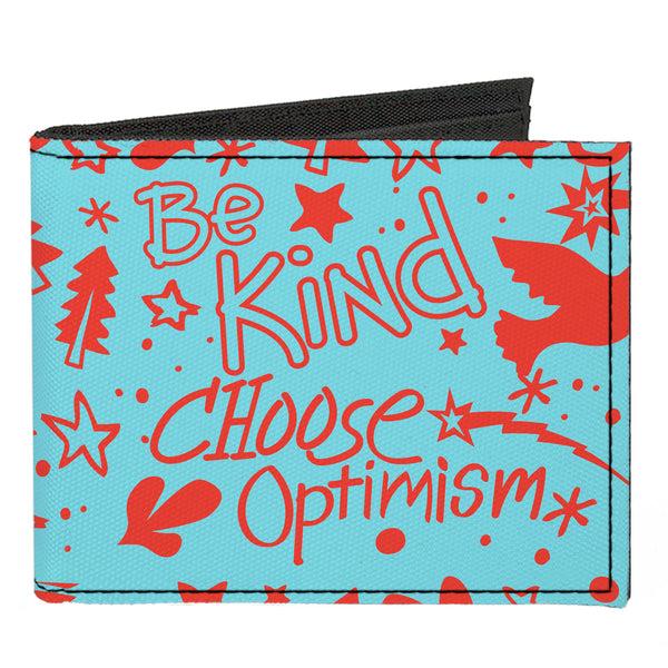 Buckle-Down Canvas Bi-Fold Wallet - GRATEFUL OPTIMISM BE KIND Icons Collage Blue/Red