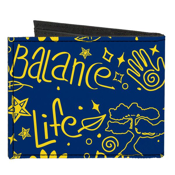 Buckle-Down Canvas Bi-Fold Wallet - HARMONY BALANCE LIFE Icons Collage Blue/Yellow
