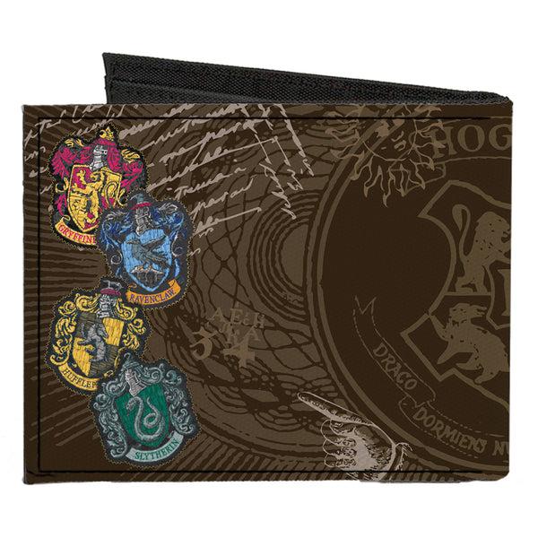 Buckle-Down Canvas Bi-Fold Wallet - HOGWARTS Symbols Collage House Badges Browns Multi Color
