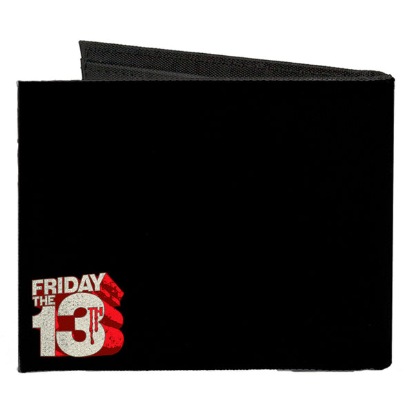 Buckle-Down Canvas Bi-Fold Wallet - Jason Mask Quotes Collage + FRIDAY THE 13TH Logo Black Ivory Reds