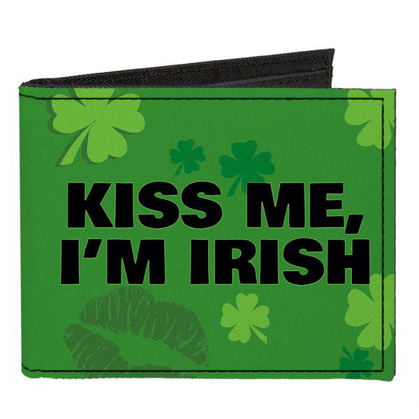 Buckle-Down Canvas Bi-Fold Wallet - KISS ME I'M IRISH Clovers Kisses Greens Black