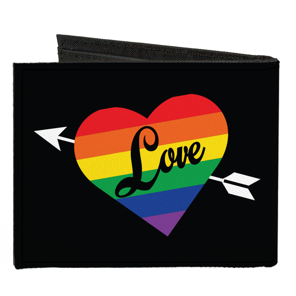 Buckle-Down Canvas Bi-Fold Wallet - LOVE Rainbow Stripe Heart Black Multi Color