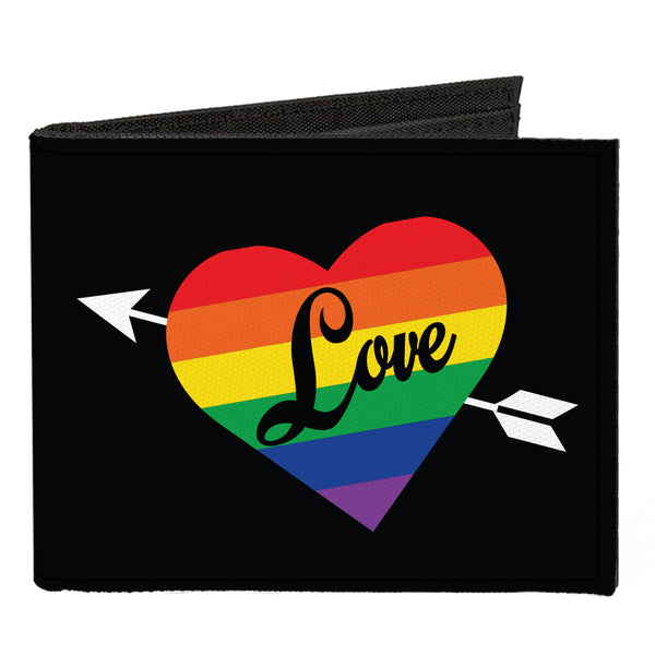 Buckle-Down Canvas Bi-Fold Wallet - LOVE Rainbow Stripe Heart Black Multi Color