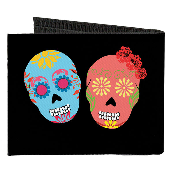 Buckle-Down Canvas Bi-Fold Wallet - Painted Sugar Skulls Black Multi Color