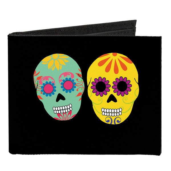 Buckle-Down Canvas Bi-Fold Wallet - Painted Sugar Skulls Black Multi Color