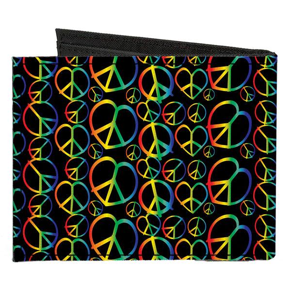 Buckle-Down Canvas Bi-Fold Wallet - Peace Heart Black Rainbow Ombre