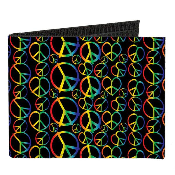 Buckle-Down Canvas Bi-Fold Wallet - Peace Heart Black Rainbow Ombre