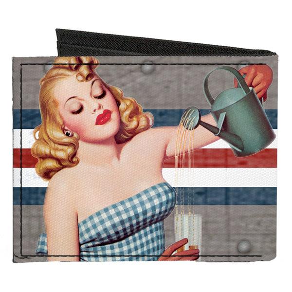 Buckle-Down Canvas Bi-Fold Wallet - Pin Up Girl Poses CLOSE-UP Star & Stripes Gray Blue White Red