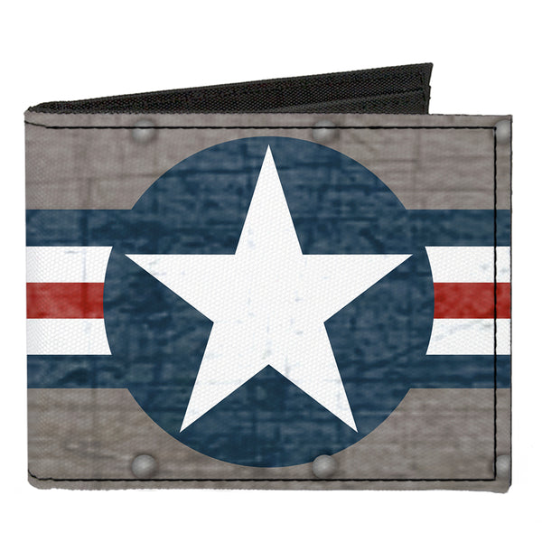 Buckle-Down Canvas Bi-Fold Wallet - Pin Up Girl Poses CLOSE-UP Star & Stripes Gray Blue White Red