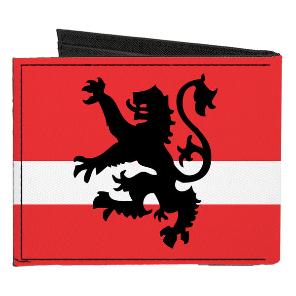 Buckle-Down Canvas Bi-Fold Wallet - Rampant Lion Repeat Stripes Red White Black