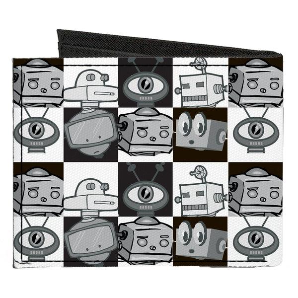 Buckle-Down Canvas Bi-Fold Wallet - Robot Heads Checkers Black White