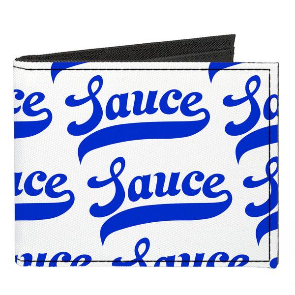 Buckle-Down Canvas Bi-Fold Wallet - SAUCE Baseball Script White/Blue