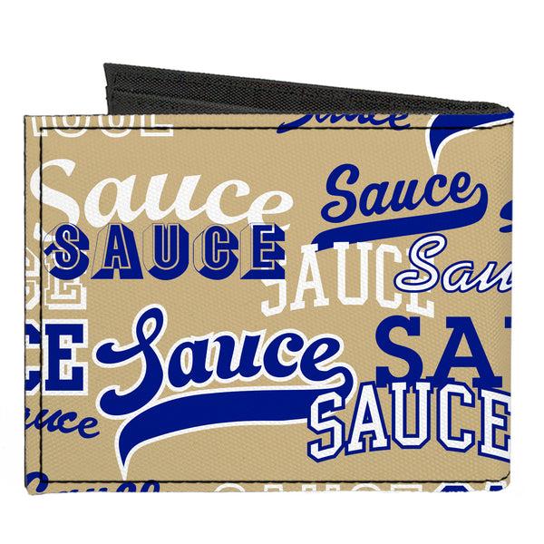 Buckle-Down Canvas Bi-Fold Wallet - SAUCE Typography Collage Tan/White/Blue