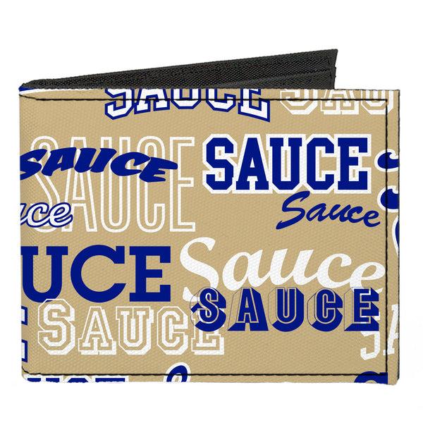 Buckle-Down Canvas Bi-Fold Wallet - SAUCE Typography Collage Tan/White/Blue
