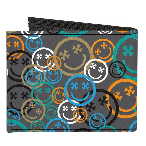 Buckle-Down Canvas Bi-Fold Wallet - Smiley Face Crossbones Stacked Gray/Multi Color