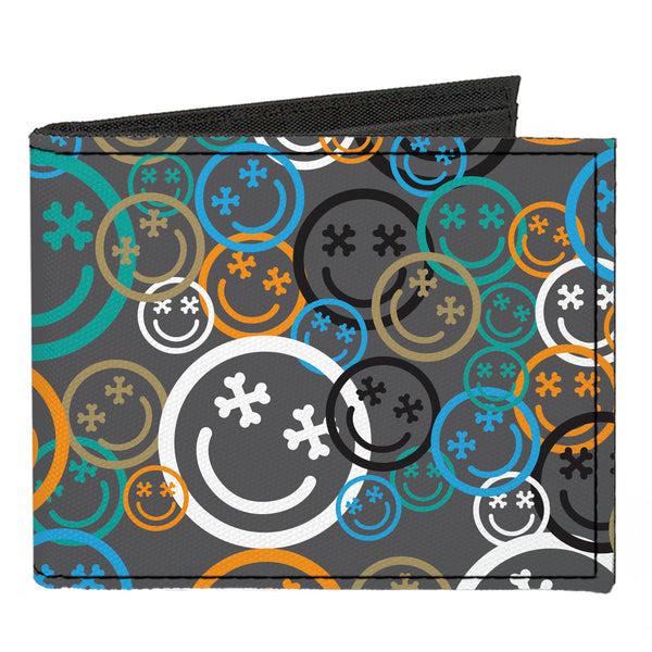Buckle-Down Canvas Bi-Fold Wallet - Smiley Face Crossbones Stacked Gray/Multi Color