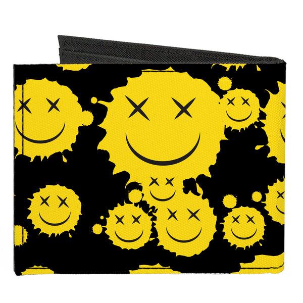 Buckle-Down Canvas Bi-Fold Wallet - Smiley Face Splatter Scattered Black/Yellow
