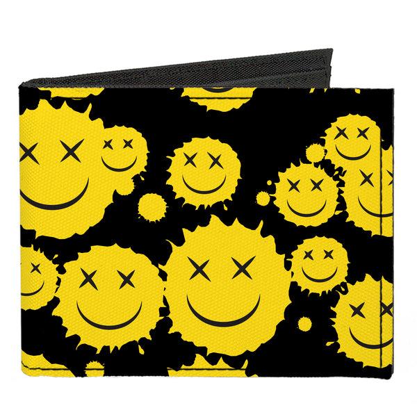 Buckle-Down Canvas Bi-Fold Wallet - Smiley Face Splatter Scattered Black/Yellow