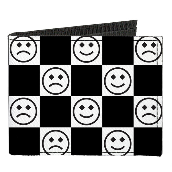Buckle-Down Canvas Bi-Fold Wallet - Smiley Sad Face Checker Black/White