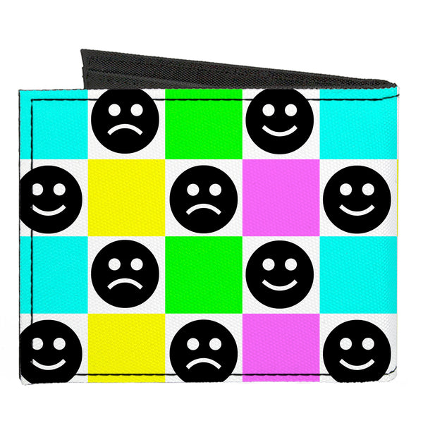 Buckle-Down Canvas Bi-Fold Wallet - Smiley Sad Face Checker Multi Color/White