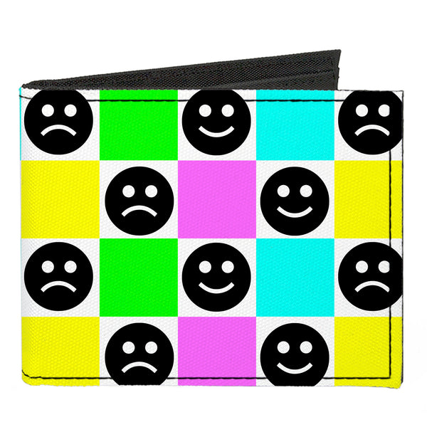 Buckle-Down Canvas Bi-Fold Wallet - Smiley Sad Face Checker Multi Color/White