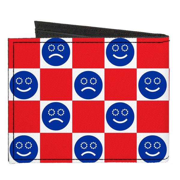Buckle-Down Canvas Bi-Fold Wallet - Smiley Sad Face Checker Red/White/Blue