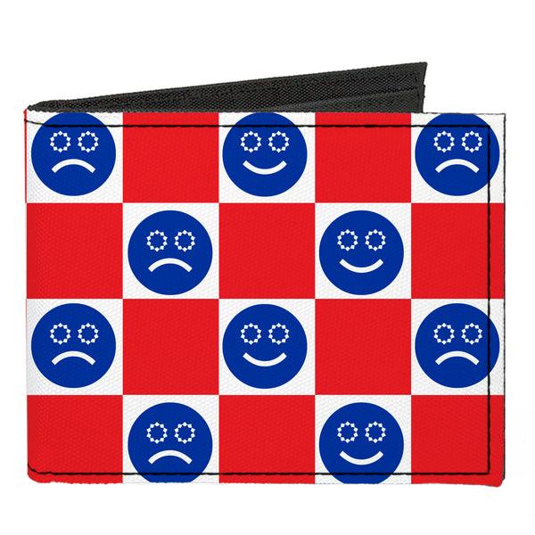 Buckle-Down Canvas Bi-Fold Wallet - Smiley Sad Face Checker Red/White/Blue