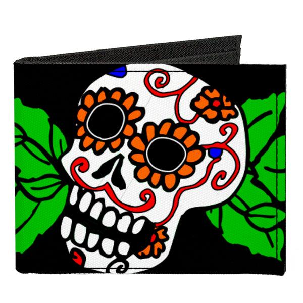 Buckle-Down Canvas Bi-Fold Wallet - Sugar Skull w Roses & Heart