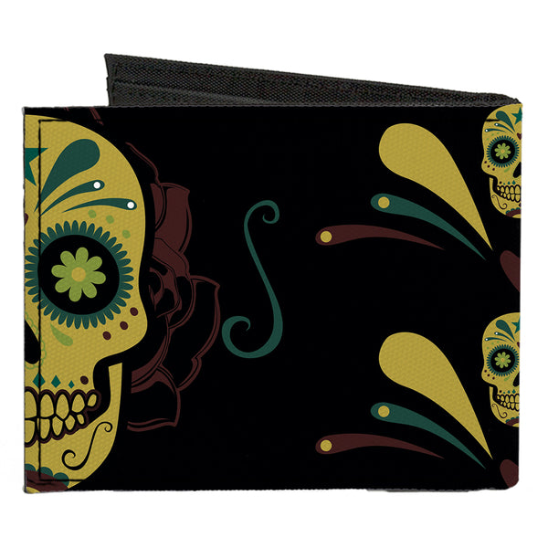 Buckle-Down Canvas Bi-Fold Wallet - Sugar Skulls Black Olive Burgundy