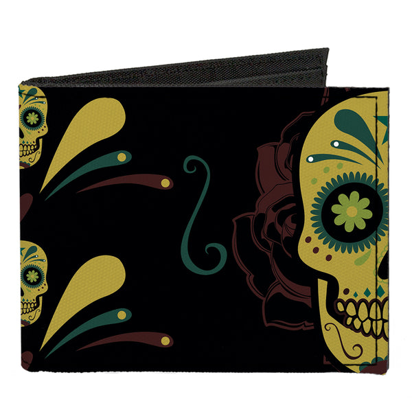 Buckle-Down Canvas Bi-Fold Wallet - Sugar Skulls Black Olive Burgundy