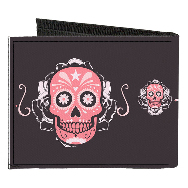 Buckle-Down Canvas Bi-Fold Wallet - Sugar Skulls Gray Pink