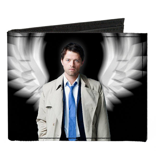 Buckle-Down Canvas Bi-Fold Wallet - SUPERNATURAL Castiel Angel Wings Pose + Logo Black White