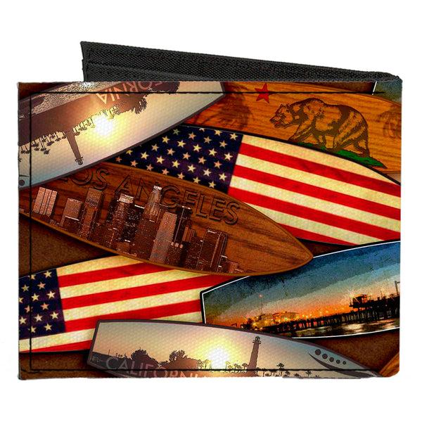 Buckle-Down Canvas Bi-Fold Wallet - Surfboards Cali Scenes US Flag Stacked Brown3