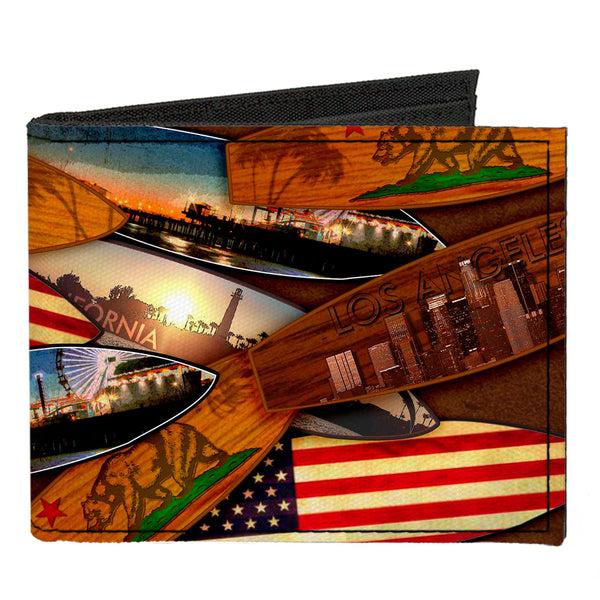 Buckle-Down Canvas Bi-Fold Wallet - Surfboards Cali Scenes US Flag Stacked Brown3