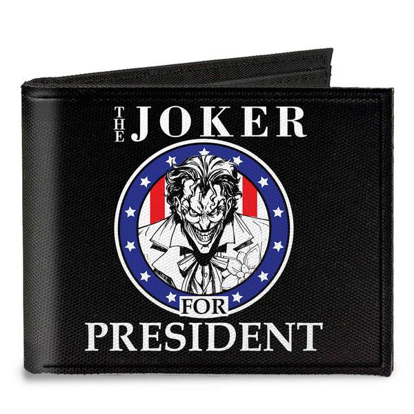 Buckle-Down Canvas Bi-Fold Wallet - THE JOKER FOR PRESIDENT Seal Black White Blue Red