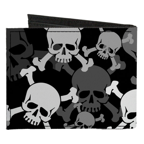 Buckle-Down Canvas Bi-Fold Wallet - Top Skulls Stacked Black Gray White