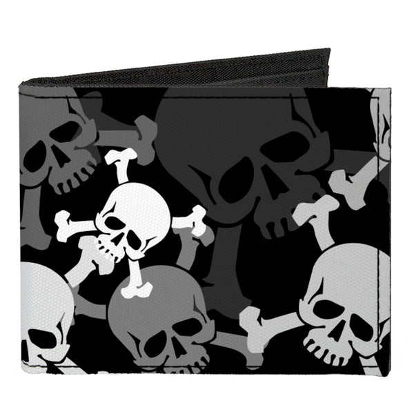 Buckle-Down Canvas Bi-Fold Wallet - Top Skulls Stacked Black Gray White