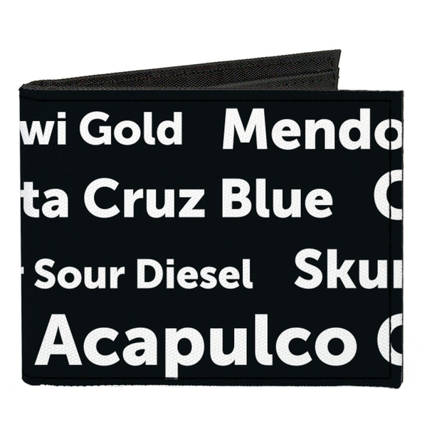 Buckle-Down Canvas Bi-Fold Wallet - Verbiage Marijuana Strains Black White