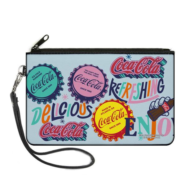 Buckle-Down Canvas Zipper Wallet - LARGE - COCA-COLA DELICIOUS REFRESHING Bottle Caps Light Blue/Multi Color